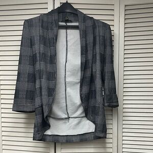 Revamped Black and Gray Windowpane Plaid Open-Front Blazer